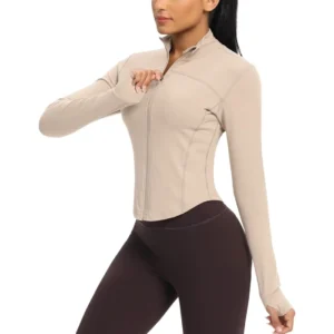 Zip-Up Cropped Athletic Top with Thumb Holes - Workout Running Jacket
