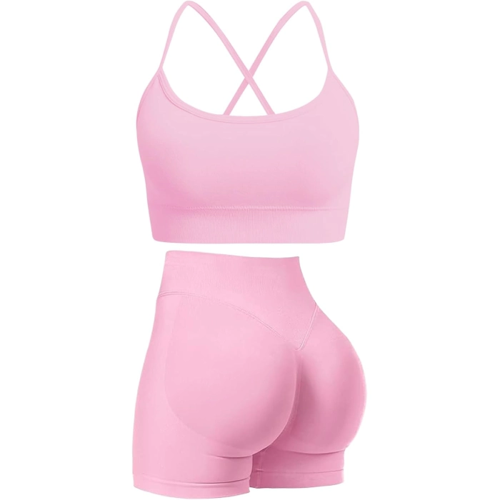 Strappy Crisscross Sports Bra & Scrunch Shorts Yoga Outfit - Pink